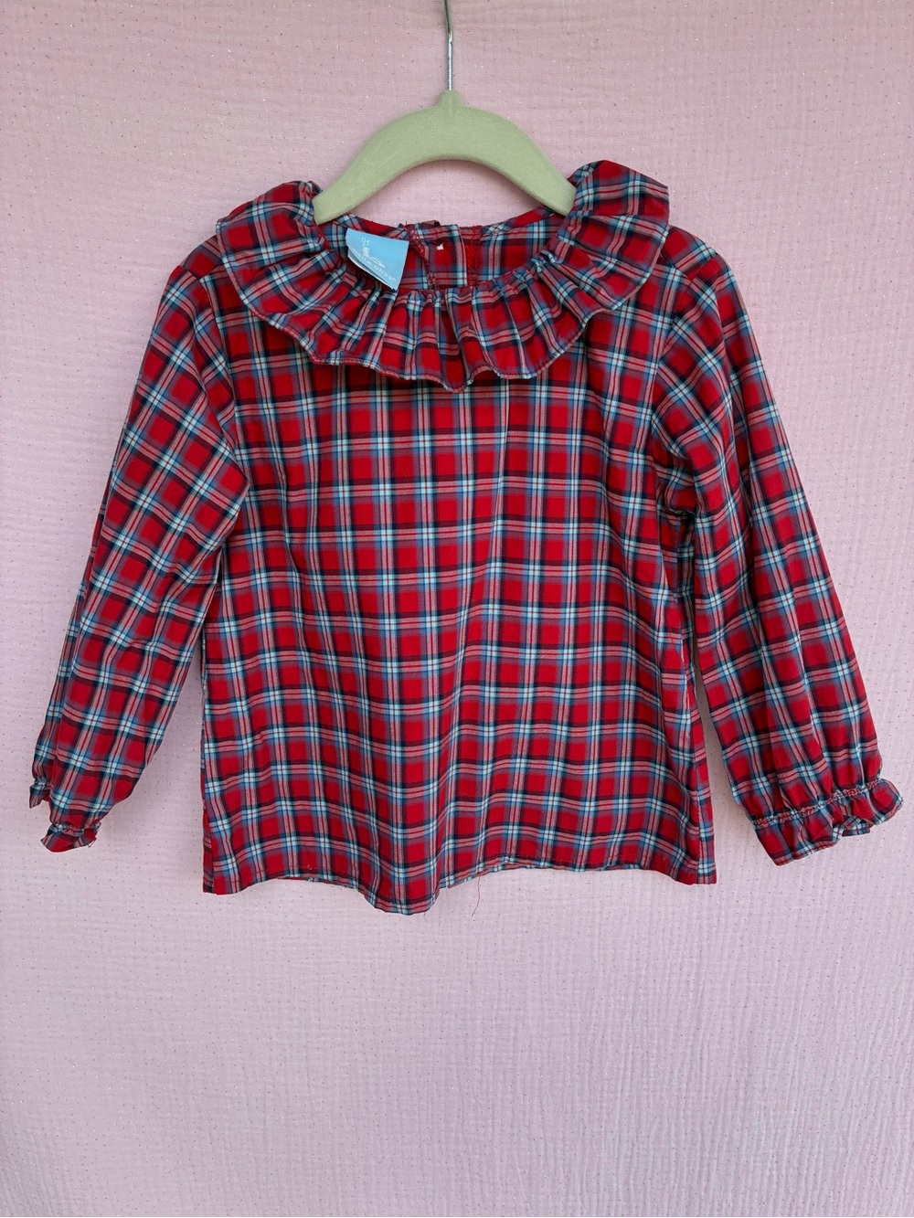 Bella Bliss Girls Red Tartan Plaid Ruffle Collar Blouse Size 3